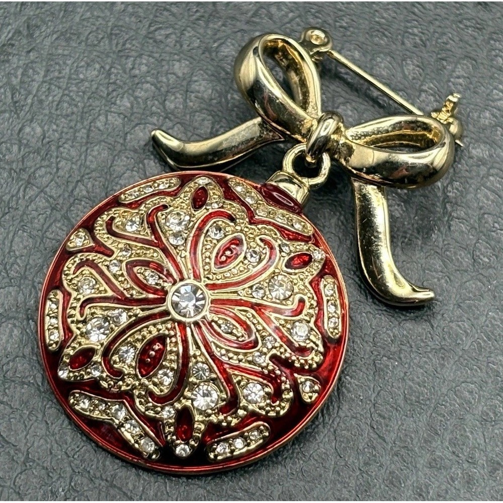 Vintage Monet Red Enamel Rhinestone Christmas Ornament Bow Brooch Gold Tone